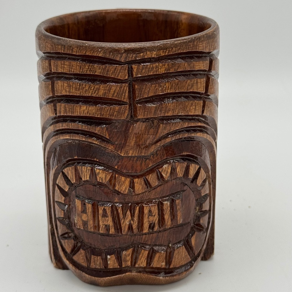 Vintage Hand Carved Monkey Pod Wood Tiki Mug Hawaii Souvenir Barware Coffee Cup